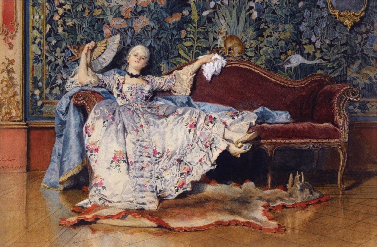 A reclining lady with a fan by Eleuterio Pagliani (1826-1903).
