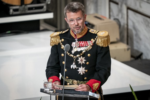 FILE - Danish Crown Prince Frederik gives his speech to Danish Queen Margrethe at the gala banquet at Christiansborg Palace in Copenhagen, Denmark, on Sept. 11, 2022. Denmark?s Queen Margrethe II has  ...