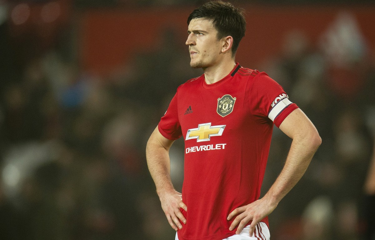 epa08152634 Manchester United's Harry Maguire reacts during the English Premier League soccer match between Manchester United and Burnley FC at Old Trafford in Manchester, Britain, 22 January 202 ...