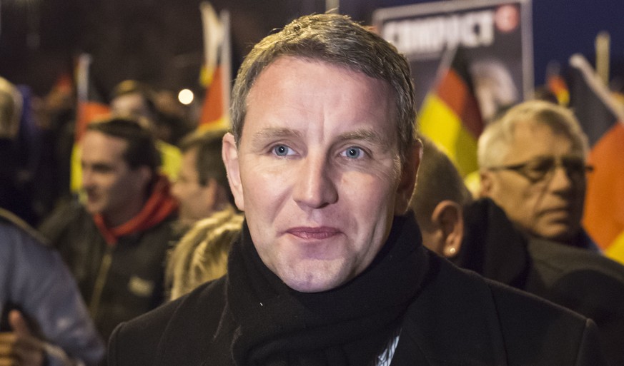 FILE - In this March 16, 2016 file photo Bjoern Hoecke, chairman of the Alternative fuer Deutschland (AfD) in the German state of Thuringia, leads the rally in Erfurt, central Germany. Hoecke plans to ...