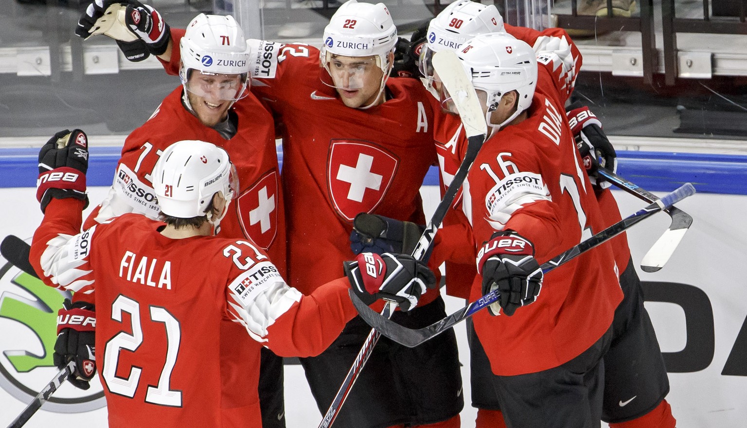 Switzerland&#039;s forward Nino Niederreiter #22 celebrate his goal with teammates forward Kevin Fiala #21, forward Enzo Corvi #71, defender Roman Josi #90 and defender Raphael Diaz #16, after scoring ...