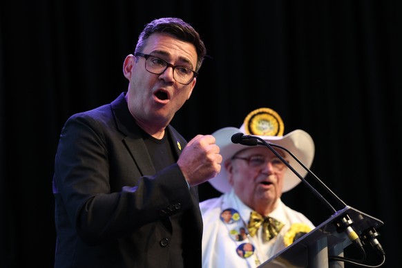 epa13048418 Labour Party candidate Andy Burnham speaks after being confirmed as the winner of the Makerfield by-election in Wigan, Britain, 19 June 2026. Voters went to the polls on 18 June to elect a ...