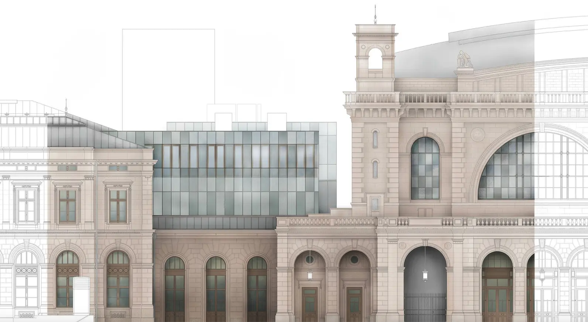 Sanierte Ostfassade mit dem aufgestockten dritten Obergeschoss.