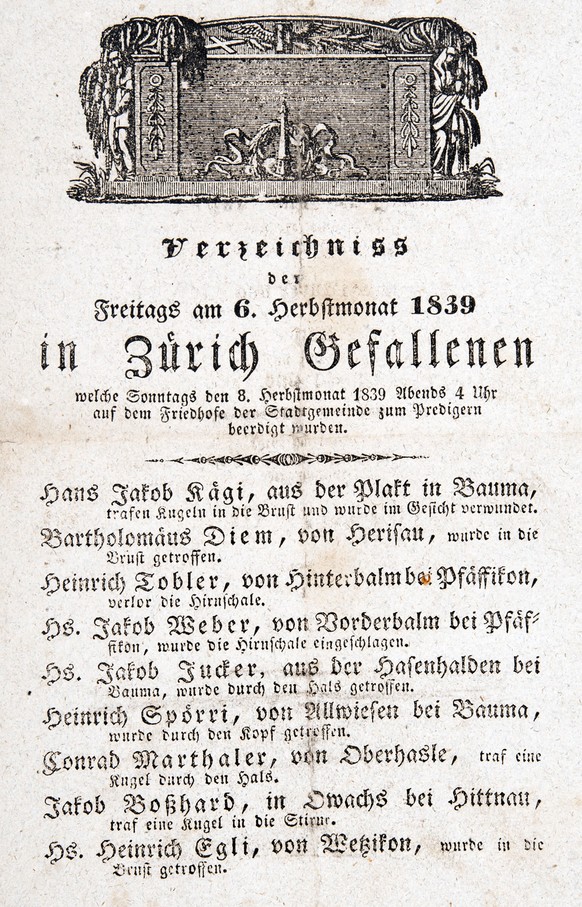 Erinnerungsblatt an die am 6. September 1839 Gefallenen. Neben den Namen der Verstorbenen wird auch die Todesursache aufgelistet.