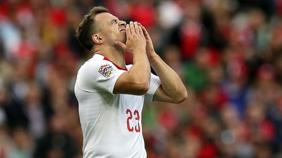 epa07628503 Switzerland's Xherdan Shaqiri reacts during the UEFA Nations League semi final soccer match between Portugal and Switzerland at Dragao stadium in Porto, Portugal, 05 June 2019. EPA/JO ...