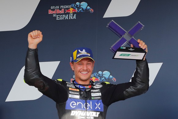 epa08554506 Swiss MotoE rider Dominique Aegerter, of Dynavolt Intact GP team, celebrates on podium after he finished in third position at Circuito de Jerez-Angel Nieto circuit in Jerez de la Frontera, ...