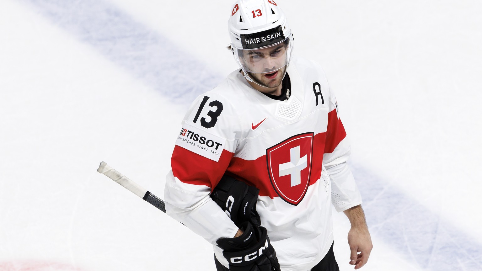 Switzerland&#039;s forward Nico Hischier reacts, during the IIHF 2023 World Championship preliminary round group B game between Canada and Switzerland, at the Riga Arena, in Riga, Latvia, Saturday, Ma ...