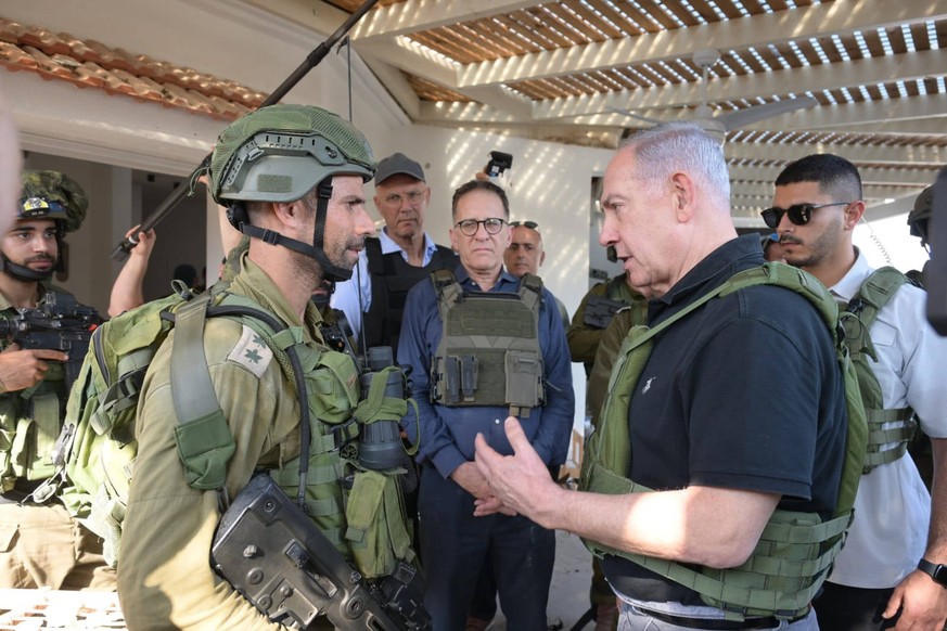 October 14, 2023, Israel: Israeli Prime Minister BENJAMIN NETANYAHU visits the Gaza border touring Kibbutz Beeri and Kibbutz Kfar Aza and viewed ruins of homes where massacres occurred. The Prime Mini ...