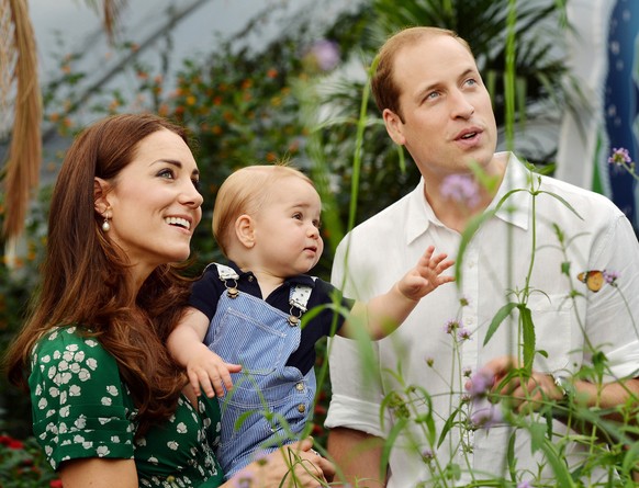 FILE - This July 2, 2014, file photo shows Britain's Prince William and Kate Duchess of Cambridge and Prince George during a visit to the Sensational Butterflies exhibition at the Natural History ...