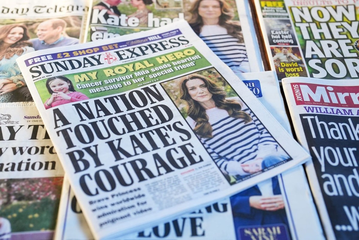 LONDON, ENGLAND - MARCH 24: In this photo illustration, a selection of UK Sunday newspaper front pages, including The Sunday Telegraph, Sunday Express, The Sun on Sunday, The Mail on Sunday, The Sunda ...