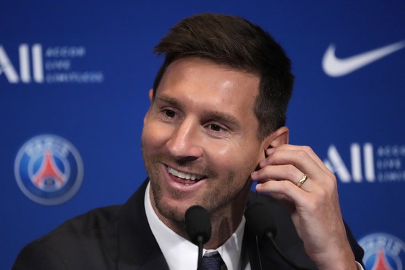 Lionel Messi attends a press conference Wednesday, Aug. 11, 2021 at the Parc des Princes stadium in Paris. Lionel Messi said he&#039;s been enjoying his time in Paris &quot;since the first minute&quot ...
