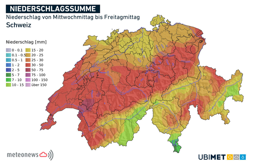 Erwartete Niederschlagsmengen von Mittwochmittag bis Freitagmittag, 7.10.26