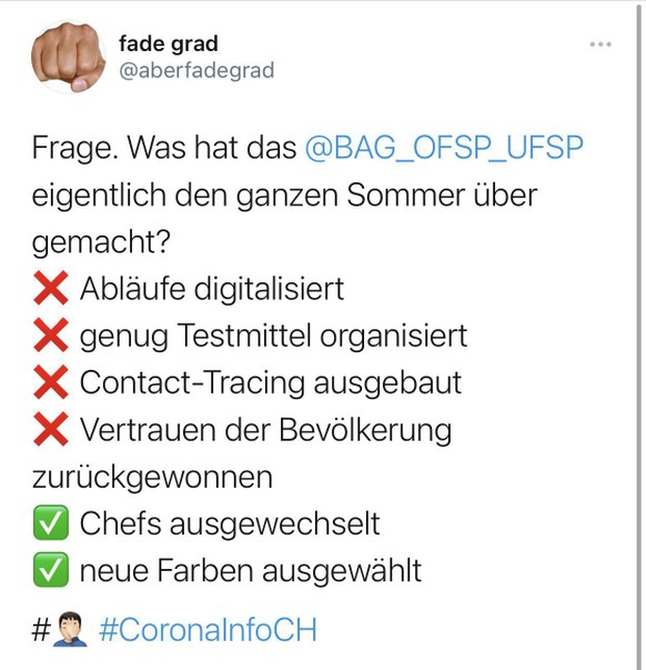 Einfach 50 der besten Coronavirus-Tweets
Also ein bitzeli Kritik am BAG darf auch noch sein. Finde den da gut: