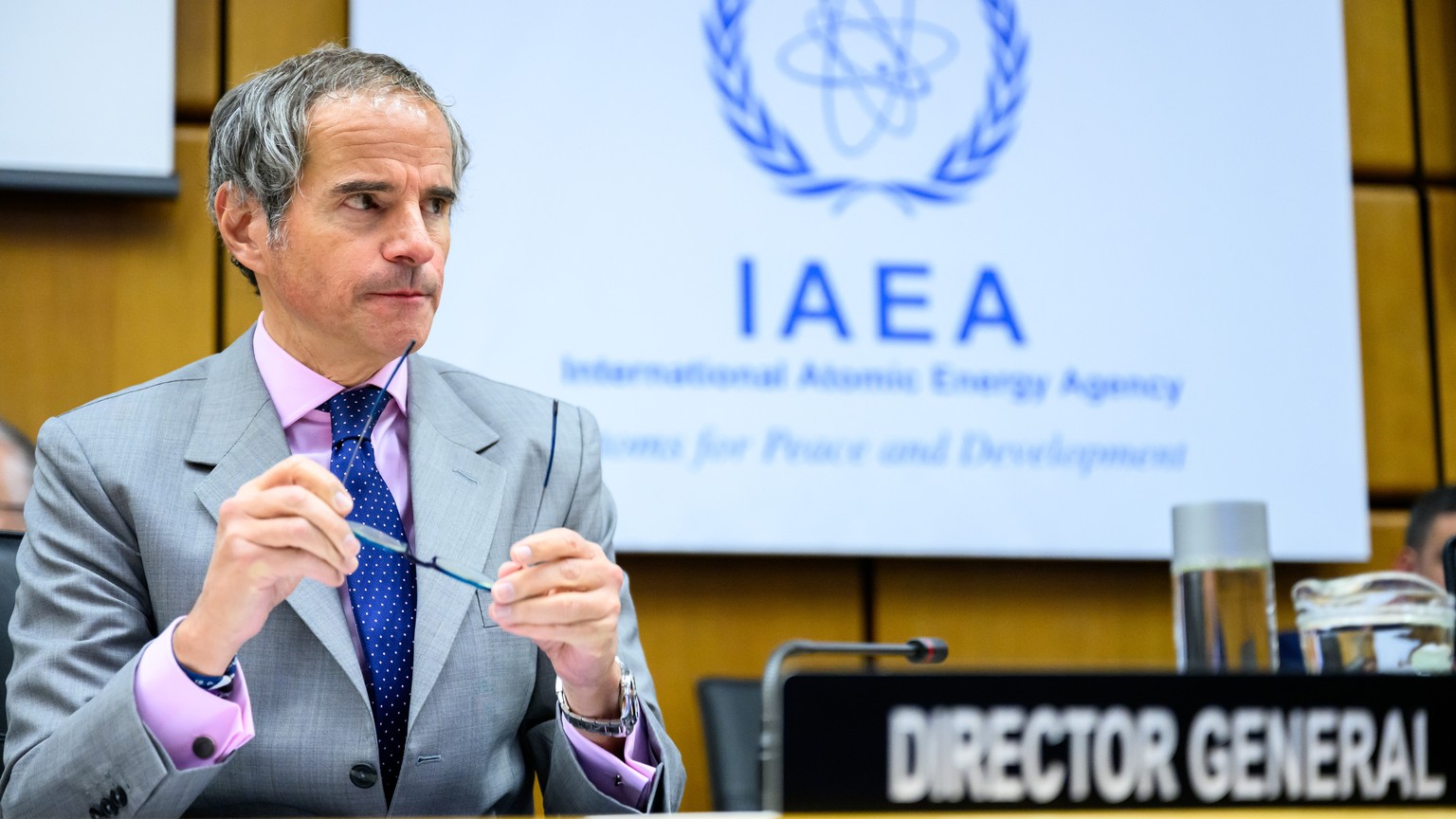epa11272481 Director General of the International Atomic Energy Agency (IAEA) Rafael Mariano Grossi attends a press conference during an IAEA Board of Governors meeting at the IAEA headquarters of the ...
