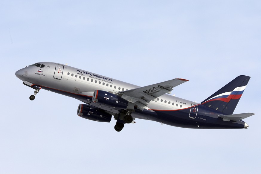 In this photo taken on Tuesday, April 30, 2019, the Sukhoi SSJ-100 aircraft of Aeroflot Airlines that made an emergency landing on Sunday, May 5, 2019 in Moscow&#039;s Sheremetyevo airport, takes off  ...