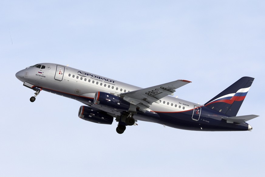In this photo taken on Tuesday, April 30, 2019, the Sukhoi SSJ-100 aircraft of Aeroflot Airlines that made an emergency landing on Sunday, May 5, 2019 in Moscow's Sheremetyevo airport, takes off ...