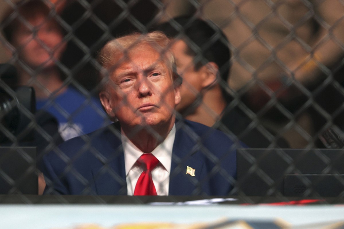 Republican presidential candidate and former President Donald Trump watches the UFC 296 mixed martial arts event Saturday, Dec. 16, 2023, in Las Vegas. (Steve Marcus/Las Vegas Sun via AP)
Donald Trump