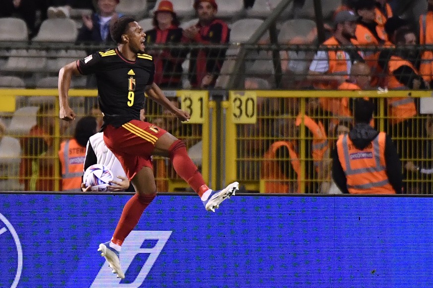 Belgium&#039;s Lois Openda celebrates after scoring against Poland during the UEFA Nations League soccer match between Belgium and the Poland, at the King Baudouin Stadium in Brussels, Wednesday, June ...