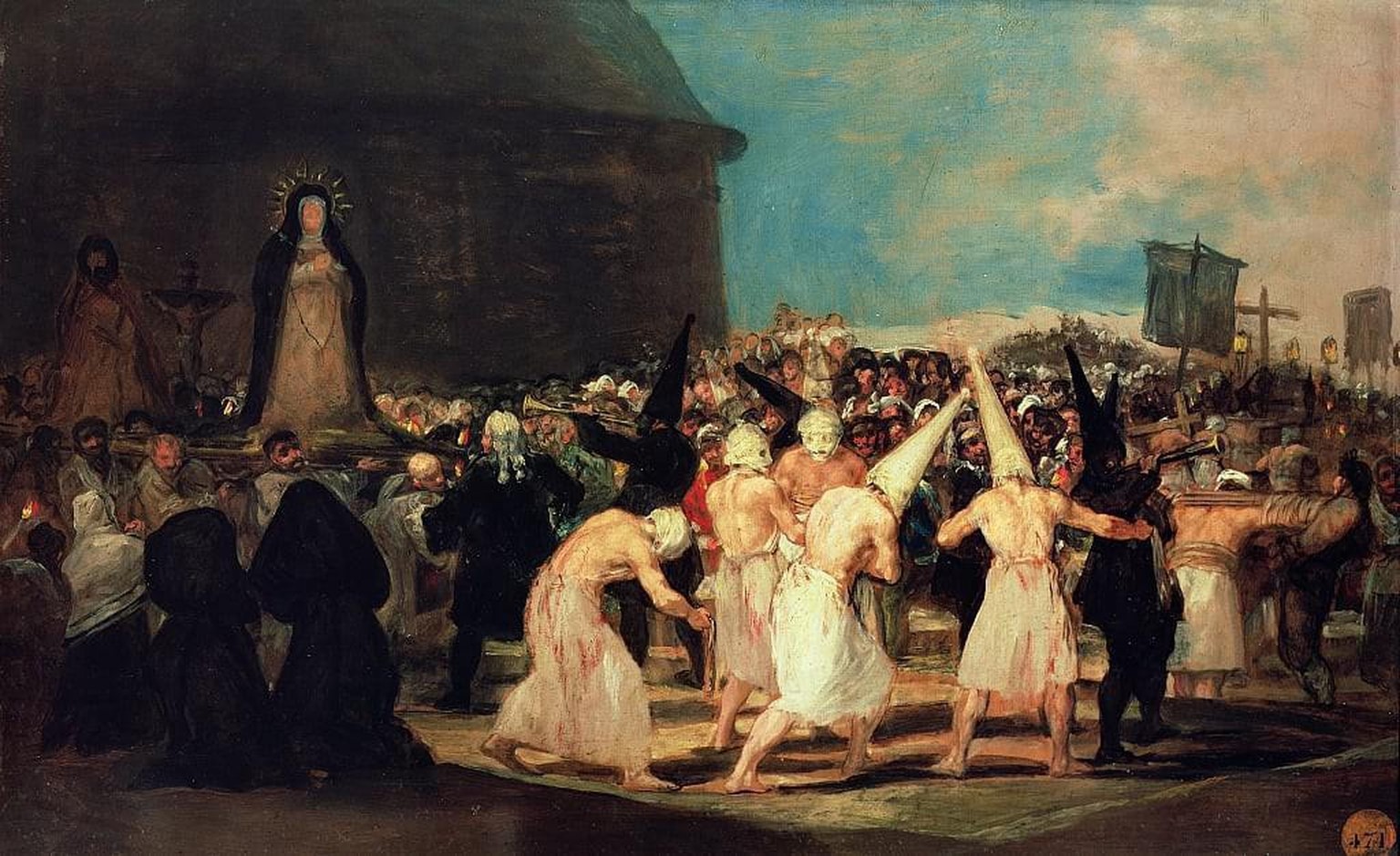 Eine Flagellanten-Prozession, gemalt von Goya, ca. 1815. Solcherlei Scharen von Selbstgeisslern tauchten immer mal wieder in besonders düsteren Zeiten auf, besonders um die Mitte des 14. Jahrhunderts  ...