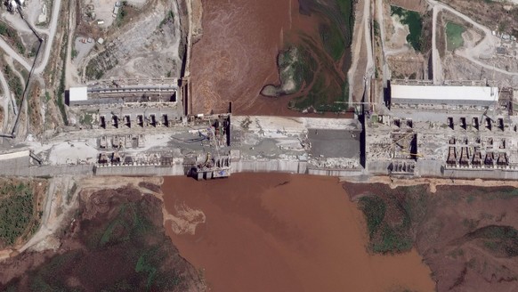 This satellite image taken Thursday, May 28, 2020, shows the Grand Ethiopian Renaissance Dam on the Blue Nile river in the Benishangul-Gumuz region of Ethiopia. In an interview with The Associated Pre ...