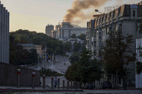 Smoke rises from the Cabinet of Ministers building after a Russian strike in Kyiv, Ukraine, on Sunday, Sept. 7, 2025. (AP Photo/Evgeniy Maloletka)
Russia Ukraine War
