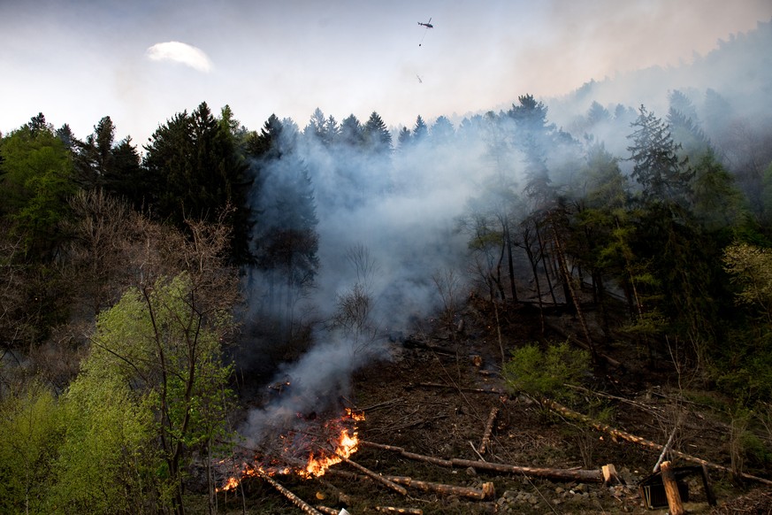 Ein Loeschhelikopter ist im Einsatz beim Waldbrand bei Polmengo in Faido aufgenommen am Dienstag, 11. April 2017. Nach anhaltender Trockenheit ist im Tessin ein Walbrand ausgebrochen. Oberhalb von Fai ...