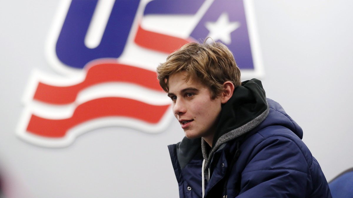 In this Tuesday, Nov. 27, 2018, photo, Jack Hughes, expected to be a top pick in the next NHL hockey draft, is interviewed in Plymouth, Mich. USA Hockey has developed the nation's top players for ...