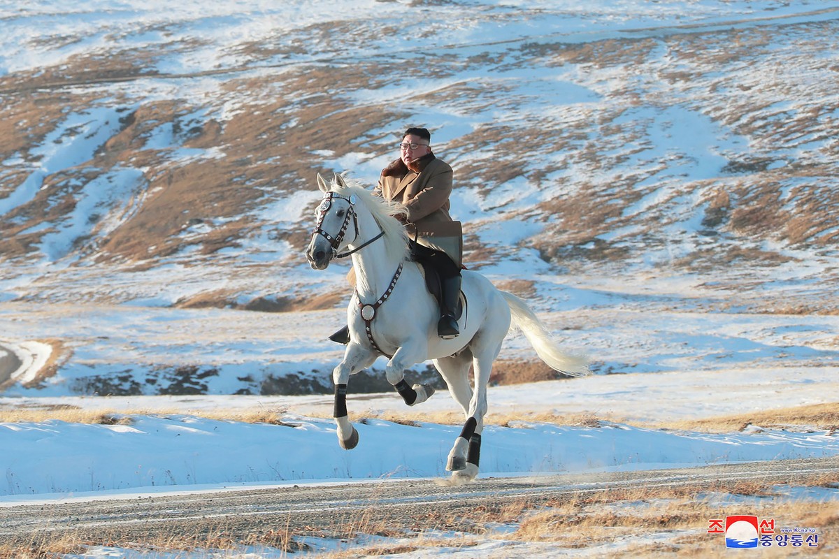 FILE - In this photo provided on Oct. 16, 2019, by the North Korean government, North Korean leader Kim Jong Un rides a white horse to climb Mount Paektu, North Korea. Russia recently sent North Korea ...