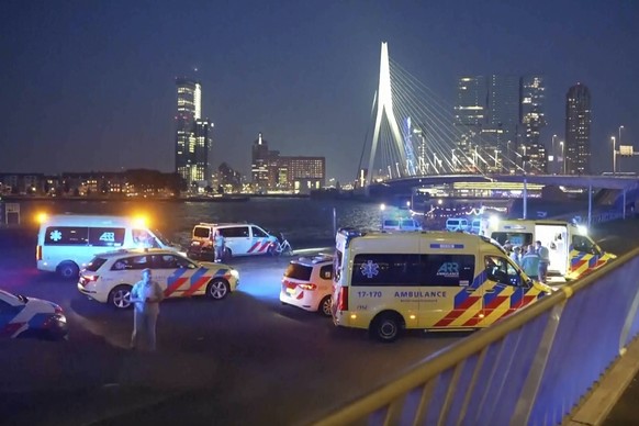 In this image made from video provided by Media TV, personnel respond to a stabbing incident late Thursday, Sept. 19, 2024, in the port city of Rotterdam, Netherlands. (Media TV via AP)