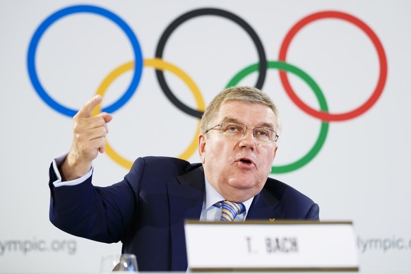 International Olympic Committee (IOC) President Thomas Bach from Germany attends a press conference after the executive board meeting of the IOC, in Lausanne, Switzerland, Friday, July 20, 2018. (KEYS ...