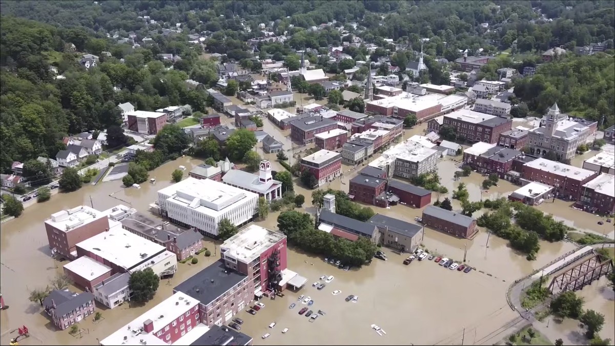 This image made from drone footage provided by the Vermont Agency of Agriculture, Food and Markets shows flooding in Montpelier, Vt., Tuesday, July 11, 2023. (Vermont Agency of Agriculture, Food and M ...
