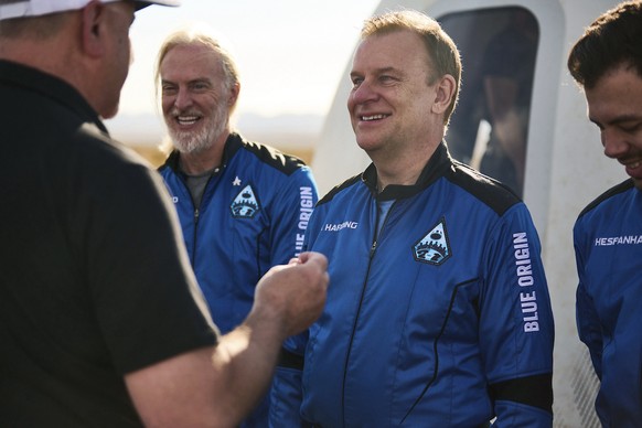 In this photo provided by Blue Origin, NS-21 (New Shepard-21), astronaut Hamish Harding receives his Blue Origin astronaut pin after a successful flight to space on June 4, 2022, in Van Horn, Texas. A ...