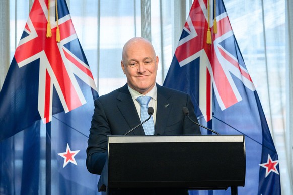 epa10991853 Incoming Prime Minister Christopher Luxon speaks at the announcement of the new govenment in New Zealand, in the Banquet Hall of the Parliament Buildings in Wellington, New Zealand, 24 Nov ...