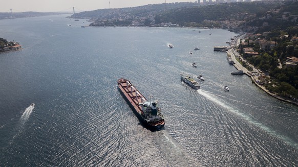 epa10104032 An aerial picture taken by drone shows Sierra Leone-flagged cargo ship Razoni that left the port of Odesa with the first grain shipment for export, sails through the Bosphorus after an ins ...