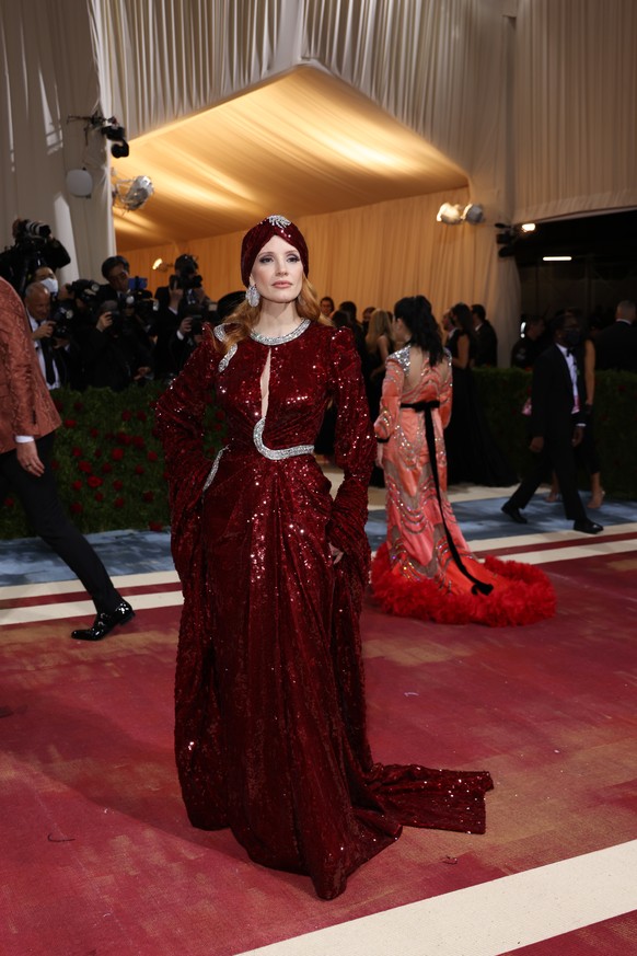 epa09923779 Jessica Chastain on the red carpet for the 2022 Met Gala, the annual benefit for the Metropolitan Museum of Art's Costume Institute, in New York, New York, USA, 02 May 2022. The event ...