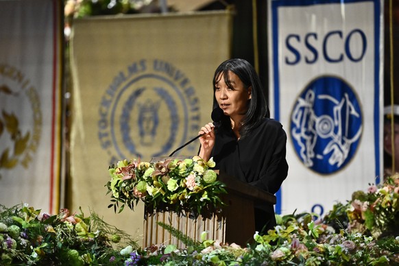 Nobel laureate in literature Han Kang speaks during the Nobel Banquet in City Hall in Stockholm, Sweden, Tuesday, Dec. 10, 2024. (Christine Olsson/TT News Agency via AP)