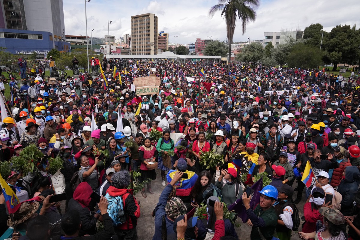 Indigenous women and students rally to show their support for the recent protests and national strike against the government of President Guillermo Lasso, outside the Central University, in Quito, Ecu ...