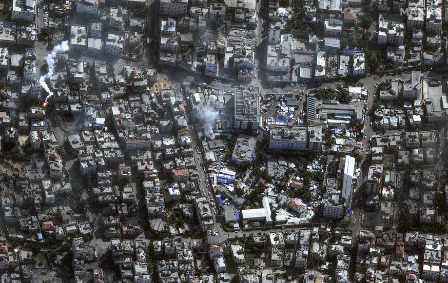 This image provided by Maxar Technologies shows al-Shifa hospital and surroundings in Gaza City, Saturday, Nov. 11, 2023. (Satellite image