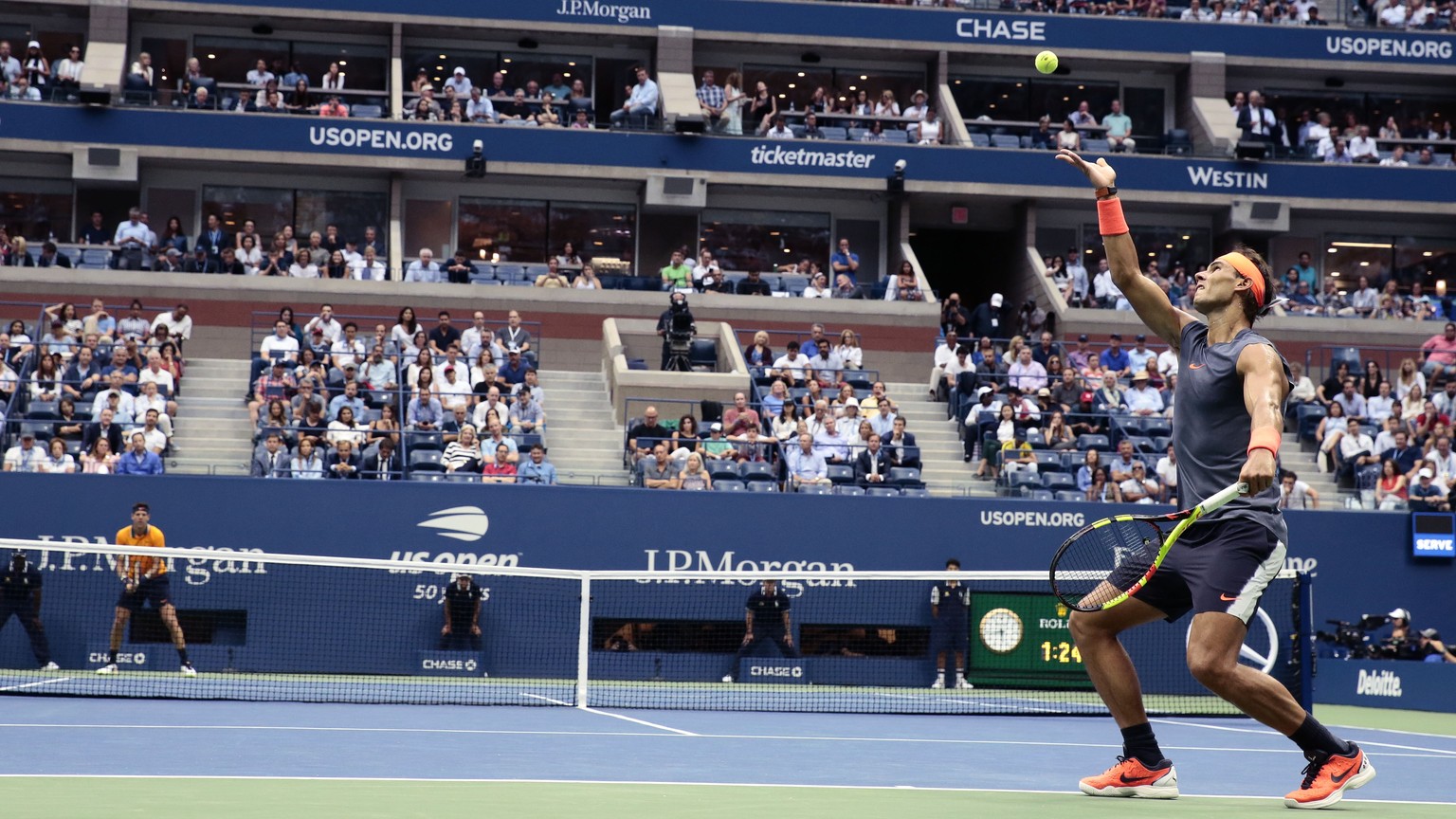 Rafael Nadal, of Spain, serves to Juan Martin del Potro, of Argentina, during the semifinals of the U.S. Open tennis tournament, Friday, Sept. 7, 2018, in New York. (AP Photo/Andres Kudacki)