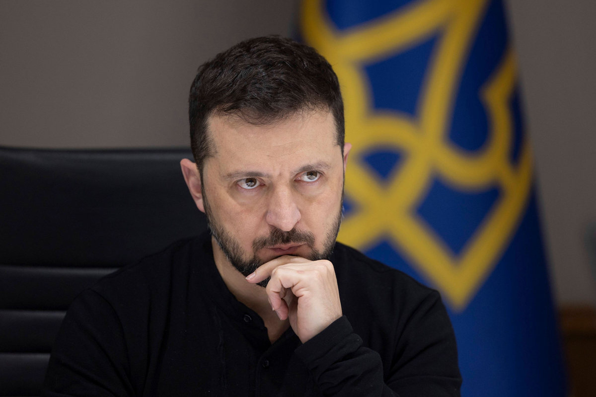 November 15, 2024, Kiev, Kyiv Oblast, Ukraine: Ukrainian President Volodymyr Zelenskyy, takes questions from Colombian students during a live stream event with university students marking Internationa ...