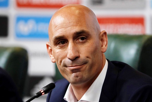 epa06804225 Luis Rubiales, president of the Spanish Football Federation (RFEF), reacts during a press conference to announce the dismissal of Julen Lopetegui as Spanish national soccer team head coach ...