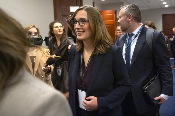 Rep.-elect Sarah McBride, D-Del., center, leaves a meeting of House Democrats on Capitol Hill, Tuesday, Nov. 19, 2024, in Washington. (AP Photo/Mark Schiefelbein)
Sarah McBride