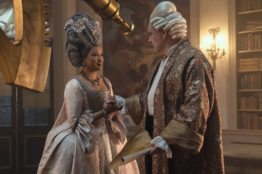 SHOOTING DATE NOT GIVEN QUEEN CHARLOTTE: A BRIDGERTON STORY, left to right: Golda Rosheuvel, James Fleet, Holding the King , Season 1, ep.  104, airing May 4, 2023. photo: Liam Daniel/Netflix/Courtesy Ev…