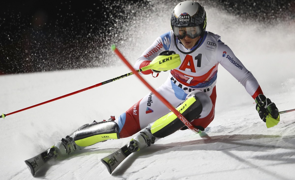 Switzerland's Wendy Holdener competes during an alpine ski, women's World Cup slalom in Flachau, Austria, Tuesday, Jan. 14, 2020. (AP Photo/Marco Trovati)
