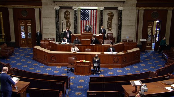 epa08935098 A still taken from video provided by the United States House of Representatives shows the start of a session by the House of Representatives to impeach President Donald J. Trump for a seco ...