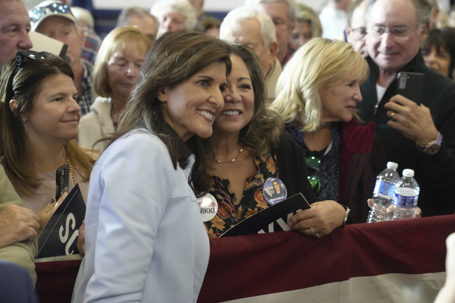 GOP presidential hopeful Nikki Haley takes selfies with supporters after a campaign event on Monday, Nov. 27, 2023, in Bluffton, S.C. Haley is among a cluster of Republican candidates competing for se ...