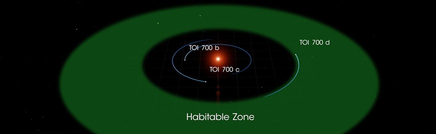 Im System des Roten Zwergs TOI-700 umkreisen drei Planeten das Zentralgestirn, der äusserste davon in der habitablen Zone.