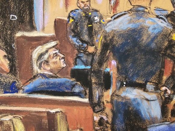 Former U.S. President Donald Trump sits beside his lawyer Emil Bove during jury selection of his criminal trial on charges that he falsified business records to conceal money paid to silence porn star ...