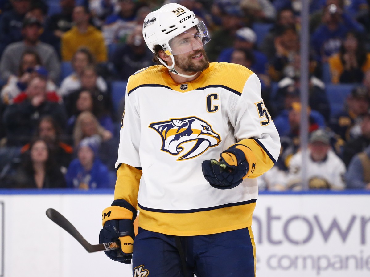 Nashville Predators defenseman Roman Josi (59) argues a call during the second period of the team's NHL hockey game against the Buffalo Sabres, Friday, April 1, 2022, in Buffalo, N.Y. (AP Photo/J ...