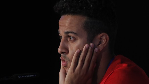 Spain&#039;s Thiago Alcantara gestures during a press conference at the Sports Complex Marcel Gaillard in Saint Martin de Re in France, Saturday, June 25, 2016. Spain will face Italy in a Euro 2016 ro ...